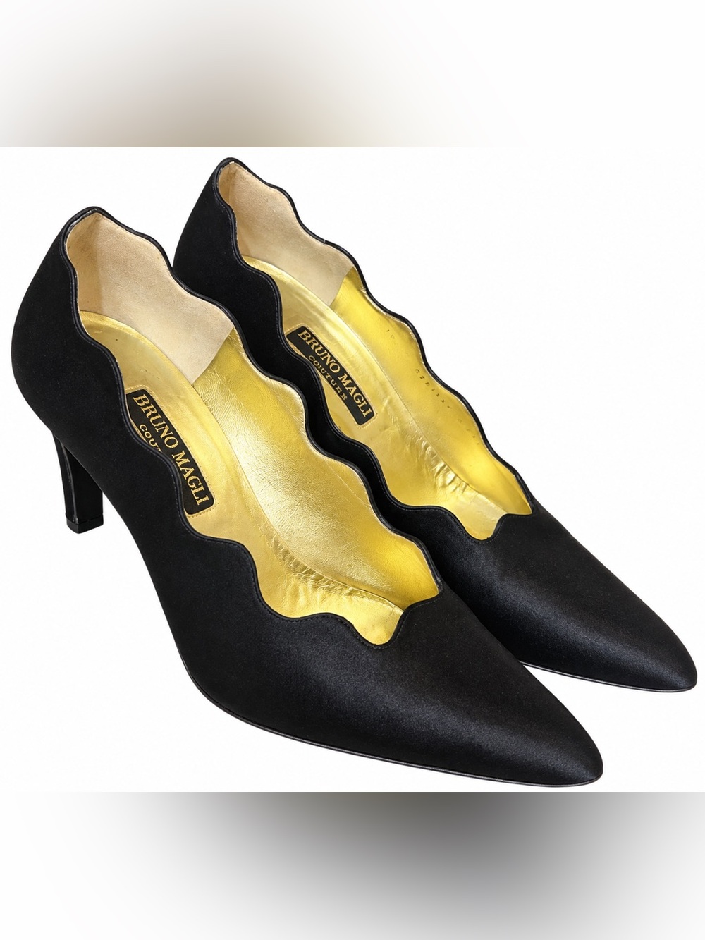 Vintage Bruno Magli Couture Black Satin Scalloped Pumps Heels Size 10 B